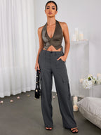 Halter Deep V-Neck Asymmetrical Hem Crop Top