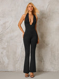 Halter Deep V-Neck Ruched Metal Decoration Jumpsuit