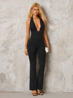 Halter Deep V-Neck Ruched Metal Decoration Jumpsuit