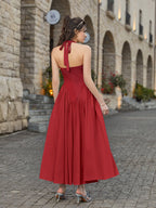 Halter Deep V-Neck Ruched Waist Solid Dress