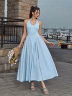 Halter Deep V-Neck Ruched Waist Solid Dress