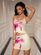 Halter Floral Print Cami Top&Bodycon Mini Skirt