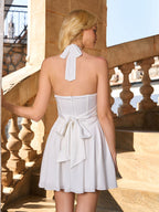 Halter Flounce Trim Bow Tie Back Solid Dress