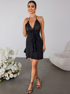 Halter Lace Spliced Ruffle Mini Dress