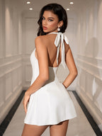 Halter Openwork Decoration Backless Mini Dress
