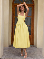Halter Ruched Backless Flared Pocket Long Dress