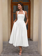 Halter Ruched Backless Flared Pocket Long Dress
