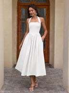 Halter Ruched Backless Flared Pocket Long Dress