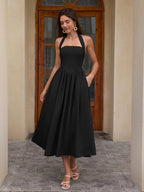 Halter Ruched Backless Flared Pocket Long Dress