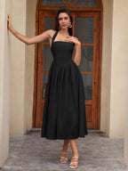 Halter Ruched Backless Flared Pocket Long Dress