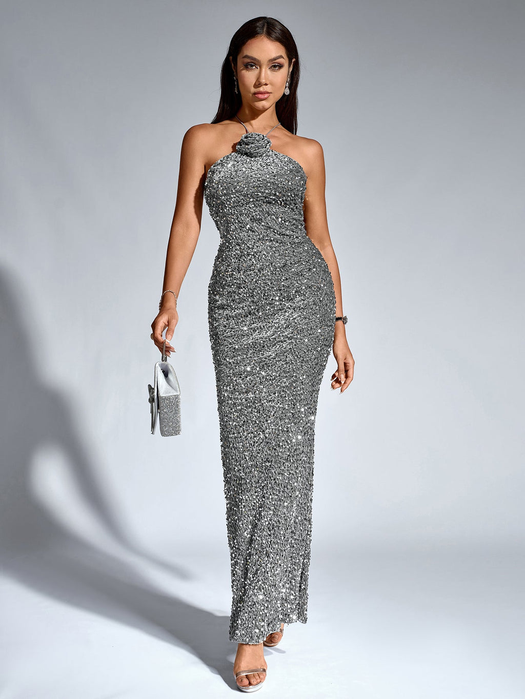 Halter Stereo Flower Sequin Mermaid Dress