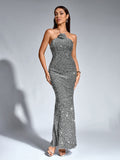 Halter Stereo Flower Sequin Mermaid Dress