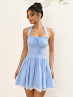Halter Tie Front Lace Hem Ruched Mini Dress