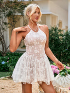 Halter Tie Lace Pleated Dress