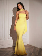 Hanging Neck Ribbon Backless Solid Tube Dress