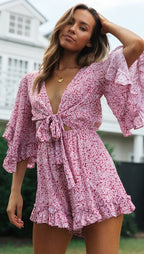 Floral Ruffles Loose VNeck Romper