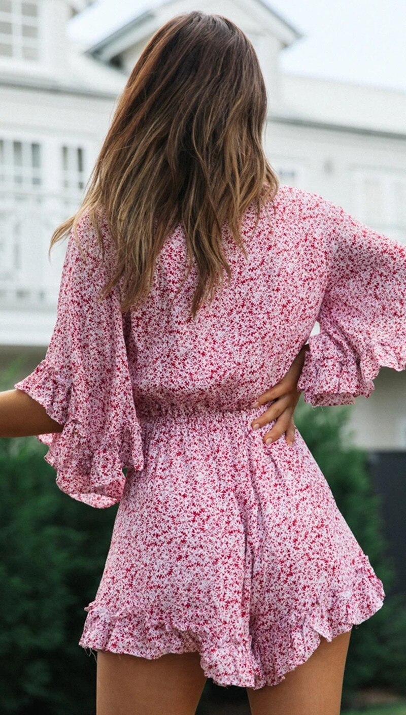 Floral Ruffles Loose VNeck Romper
