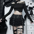 Harajuku Gothic Dark Women CyberY2k Egirl Streetwear Hip Hop Eyelet Ribbons Mesh Patchwork Cake Skirt