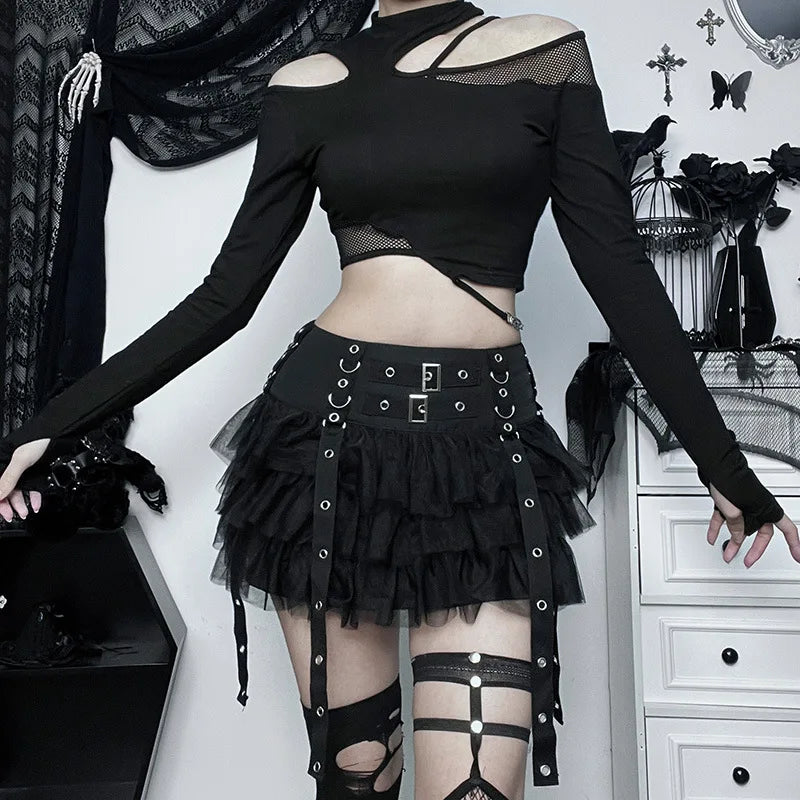 Harajuku Gothic Dark Women CyberY2k Egirl Streetwear Hip Hop Eyelet Ribbons Mesh Patchwork Cake Skirt