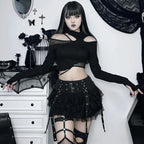 Harajuku Gothic Dark Women CyberY2k Egirl Streetwear Hip Hop Eyelet Ribbons Mesh Patchwork Cake Skirt