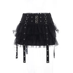 Harajuku Gothic Dark Women CyberY2k Egirl Streetwear Hip Hop Eyelet Ribbons Mesh Patchwork Cake Skirt