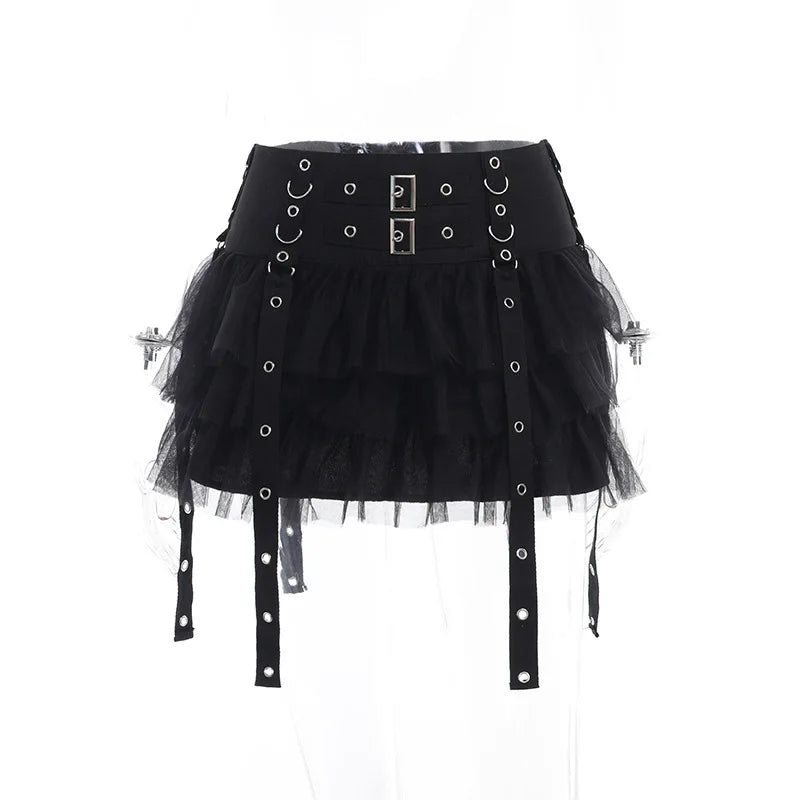 Harajuku Gothic Dark Women CyberY2k Egirl Streetwear Hip Hop Eyelet Ribbons Mesh Patchwork Cake Skirt