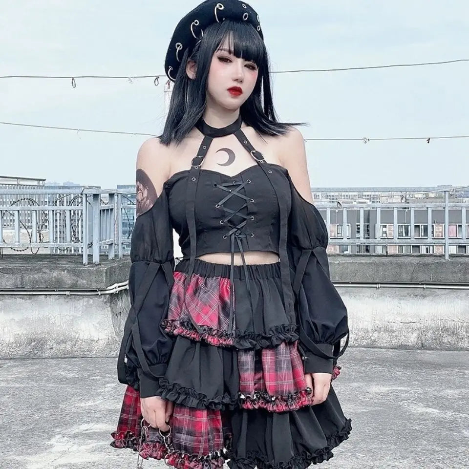 Harajuku Twodimensional Dark Petticoat Cosplay Red Plaid Stitching High Waist Aline Spice Girl Rock Skirt