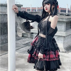Harajuku Twodimensional Dark Petticoat Cosplay Red Plaid Stitching High Waist Aline Spice Girl Rock Skirt