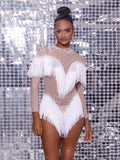Harlan Crystal Fringe Mini Dress In Light Nude & White