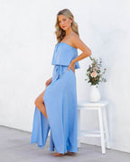 Head Over Heels Strapless Satin Maxi Dress Dusty Blue