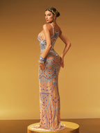 Embellished Printed Mesh Maxi Dress