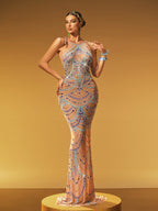 Embellished Printed Mesh Maxi Dress