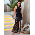 High Neck Sequin Front Slit Party Dress