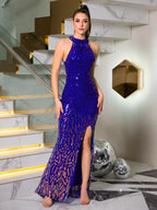 High Neck Sequin Front Slit Party Dress