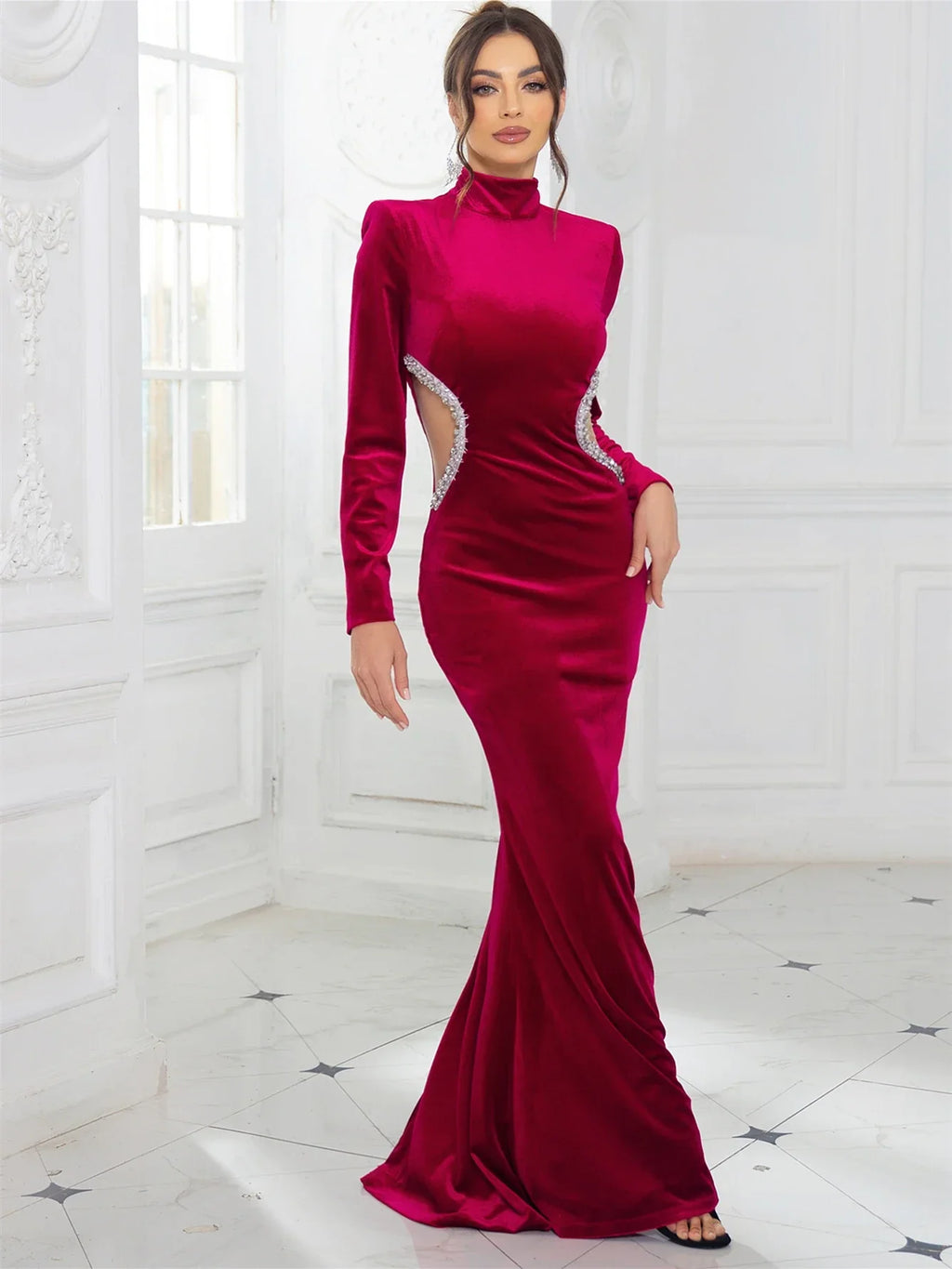 High Neck Velvet Rhinestone Maxi Party Dress