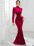 High Neck Velvet Rhinestone Maxi Party Dress