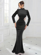 High Neck Velvet Rhinestone Maxi Party Dress