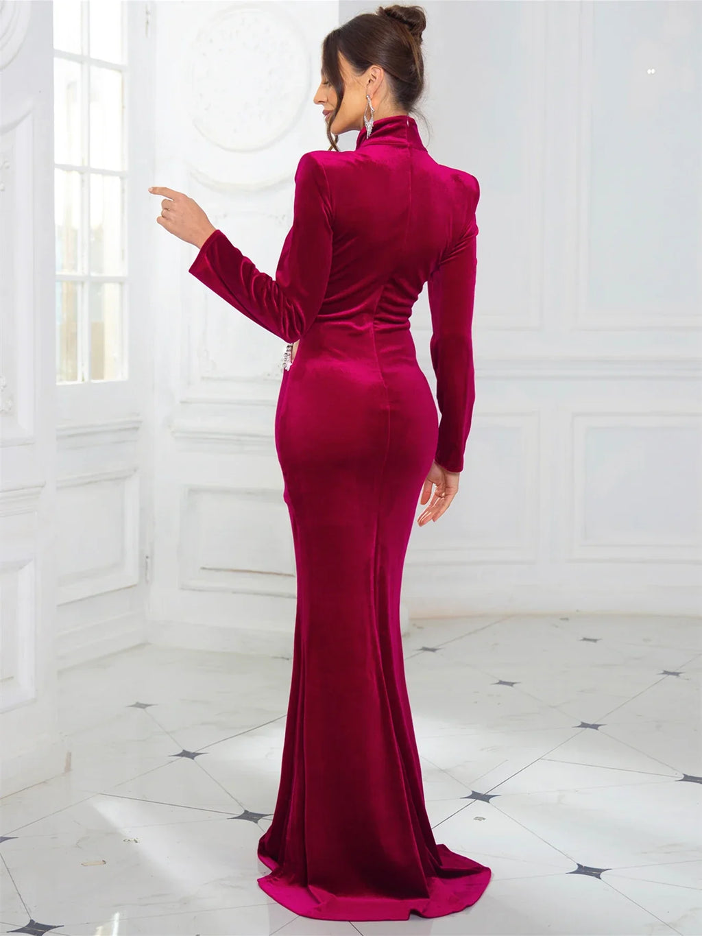 High Neck Velvet Rhinestone Maxi Party Dress