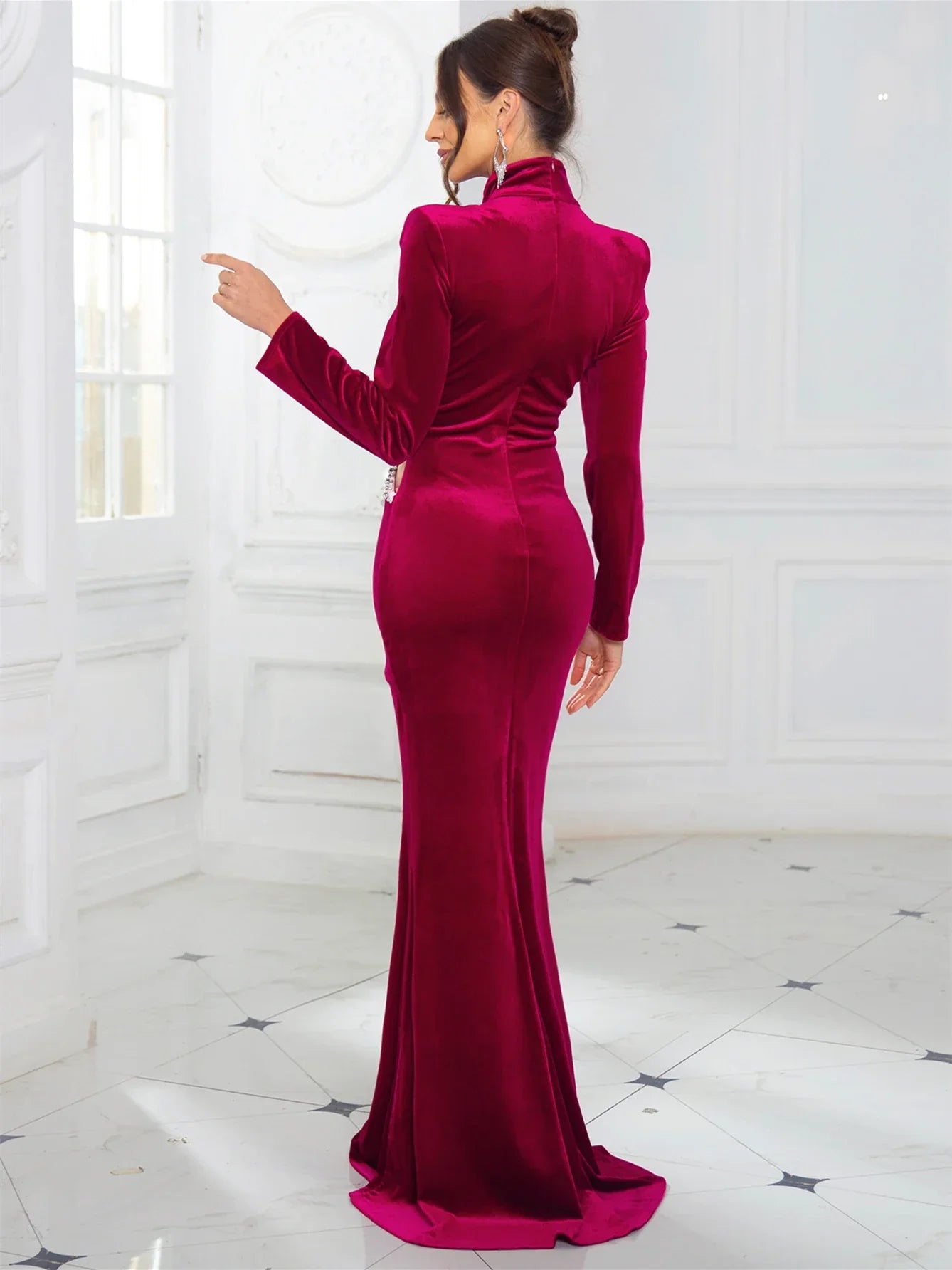 High Neck Velvet Rhinestone Maxi Party Dress