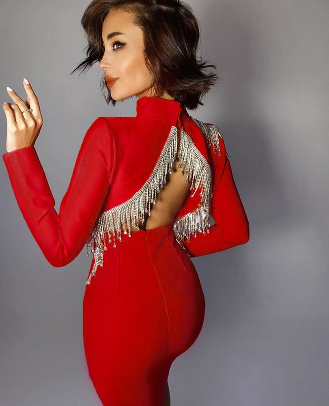 HighQuality Red Black Sexy Sparkly Backless Diamonds Tassel Rayon Bandage Dress
