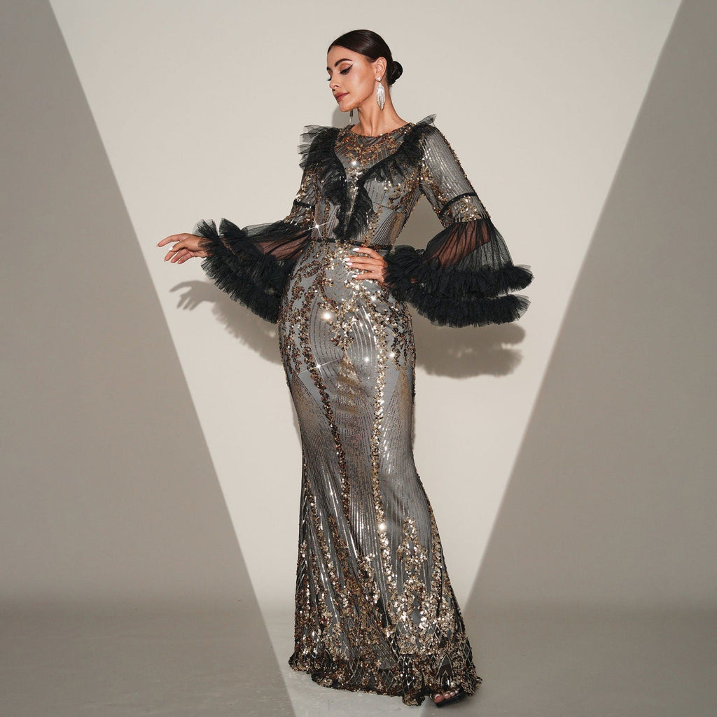 High End Long Sleeve Crew Neck Long Sequined Cocktail Fishtail Evening Dress Bridesmaid Dress