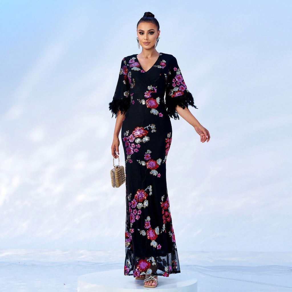 High End Long Sequined Short Sleeve V Neck Cocktail Evening Dress Bridesmaid Dress