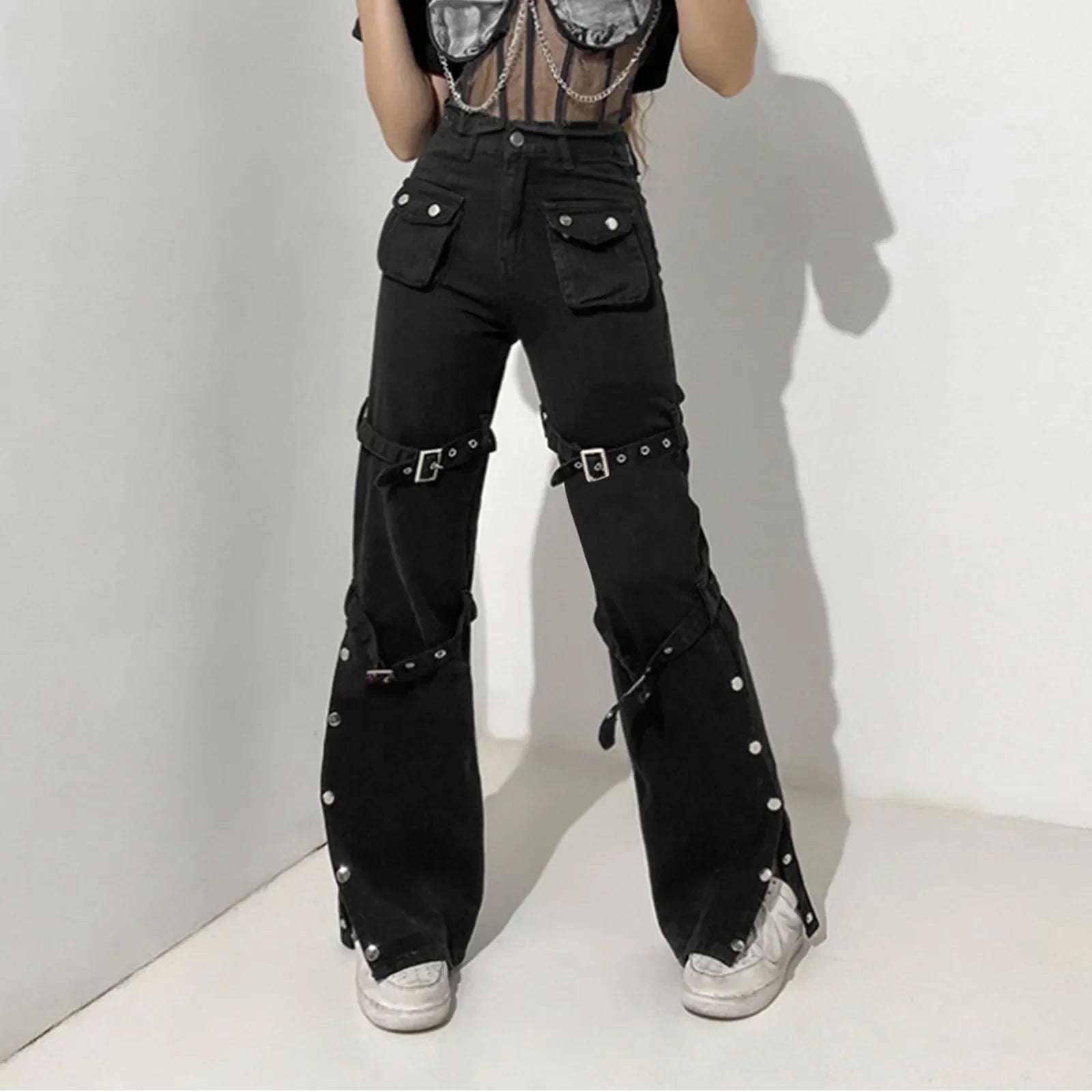 Hippie Cool Straight Punk Trendy Metal Buckle Side Split Black Belted Pants