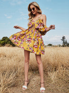 Holiday Beach Wedding Floral Off shoulder Bat sleeve Halter Suspender Dress
