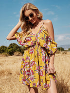 Holiday Beach Wedding Floral Off shoulder Bat sleeve Halter Suspender Dress