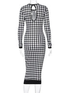 Houndstooth Long Sleeve Hollow Out Bodycon Autumn Winter Club Elegant Slim Midi Dresses
