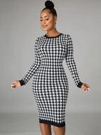 Houndstooth Long Sleeve Hollow Out Bodycon Autumn Winter Club Elegant Slim Midi Dresses