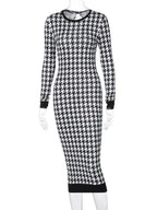 Houndstooth Long Sleeve Hollow Out Bodycon Autumn Winter Club Elegant Slim Midi Dresses