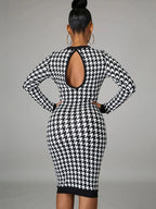 Houndstooth Long Sleeve Hollow Out Bodycon Autumn Winter Club Elegant Slim Midi Dresses