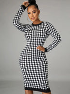 Houndstooth Long Sleeve Hollow Out Bodycon Autumn Winter Club Elegant Slim Midi Dresses